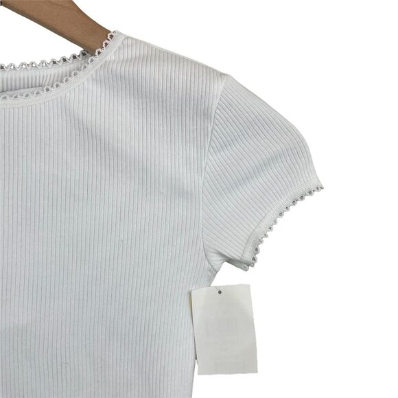 Topshop white picot trim ribbed short sleeve crewneck crop tee 2 or extra small - Picture 7 of 12